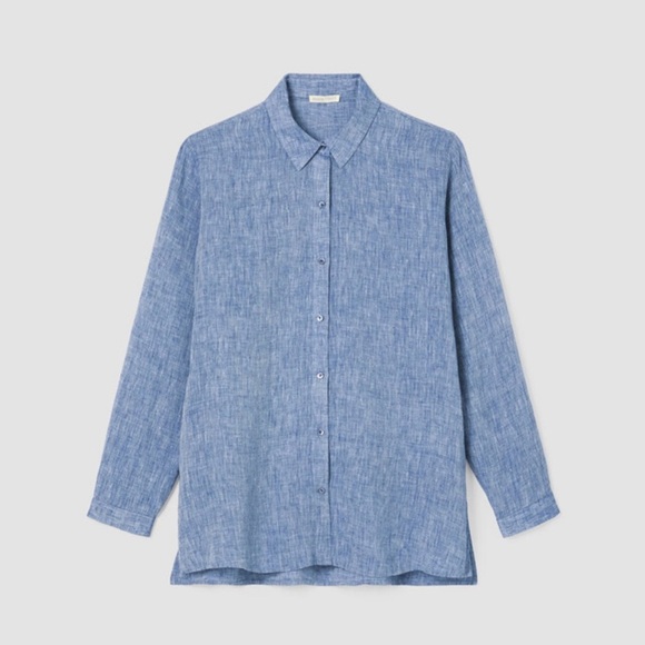 $169 Eileen Fisher Yarn-Dyed Handkerchief Organic Linen Shirt size large blue - Picture 5 of 11